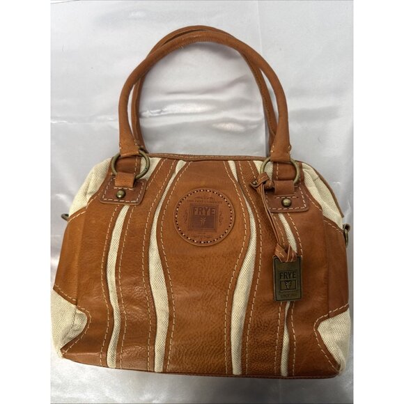 Frye Tan Leather & Canvas Mini Satchel Handbag With Double Handles & Zipper Clos - Picture 6 of 16